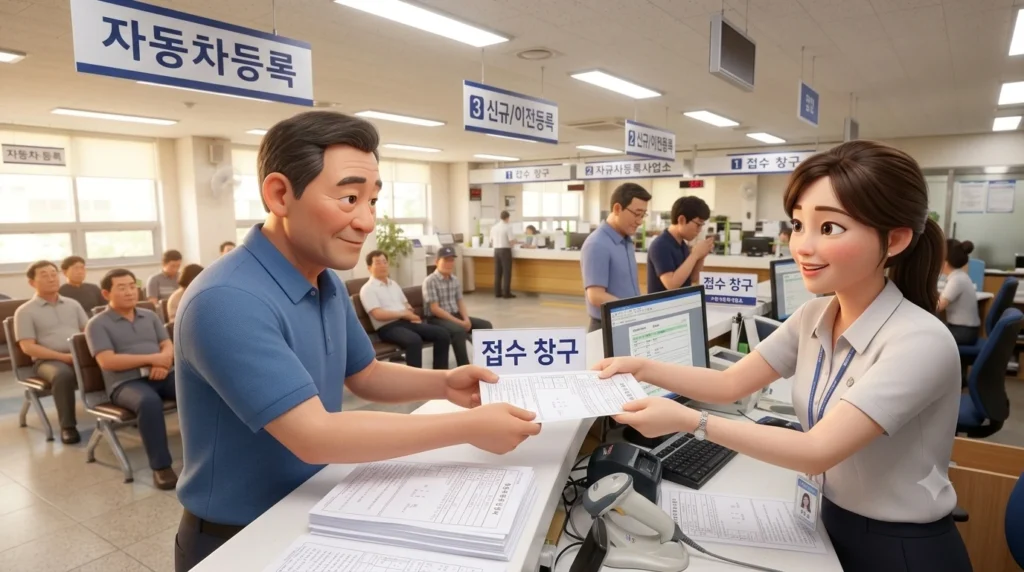 자동차 등록 창구 서류 접수 모습