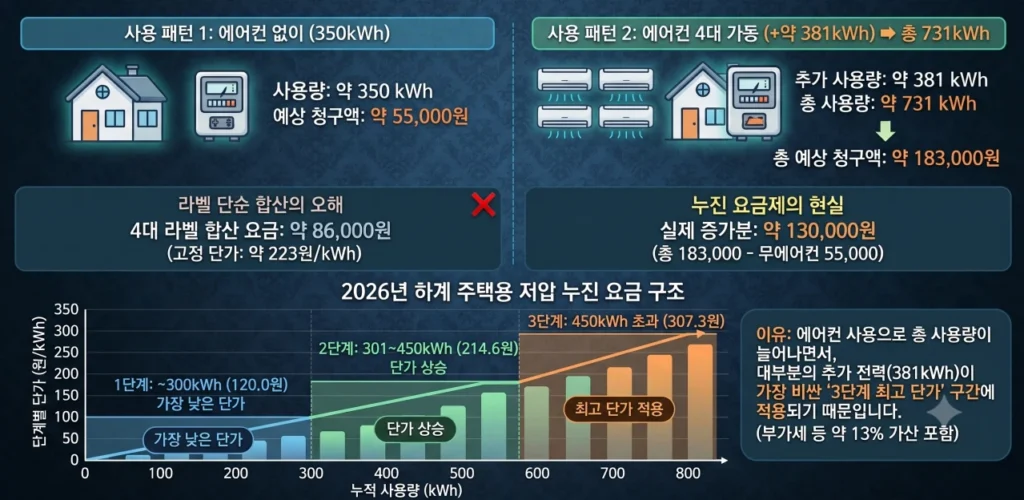 에어컨 4대 여름철 전기요금 누진 요금 구조 시나리오
