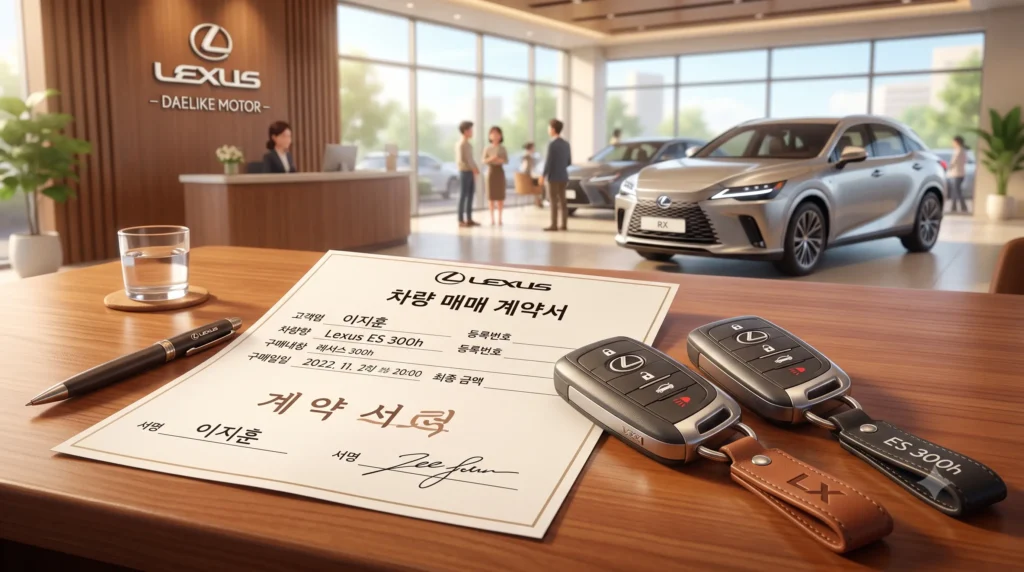 렉서스 매장 테이블 위 차량계약서와 자동차키 2개 / AI 이미지생성